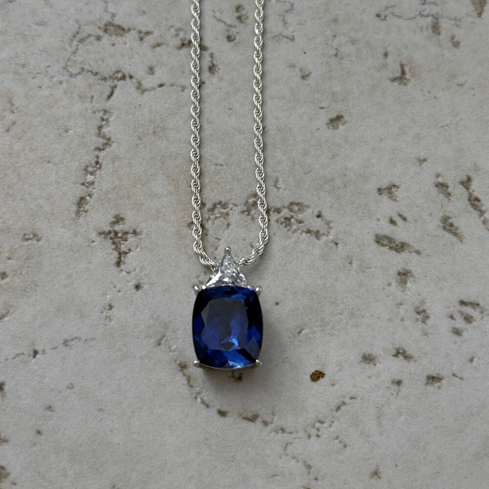 Blue Sapphire & Diamond Simulant Pendant w/ Sterling Silver 1.4mm Rope Chain